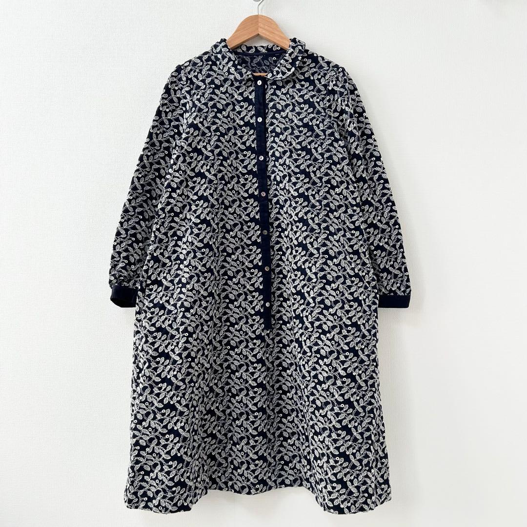 美品✨サリースコット　総刺繍ワンピース　ネイビー　コーデュロイ　9AR