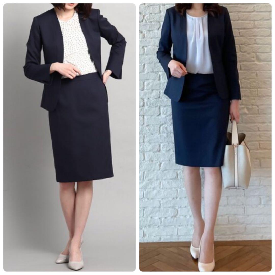 クードシャンス　スカートスーツ　ノーカラー　オフィス　ビジネス　セレモニー　紺