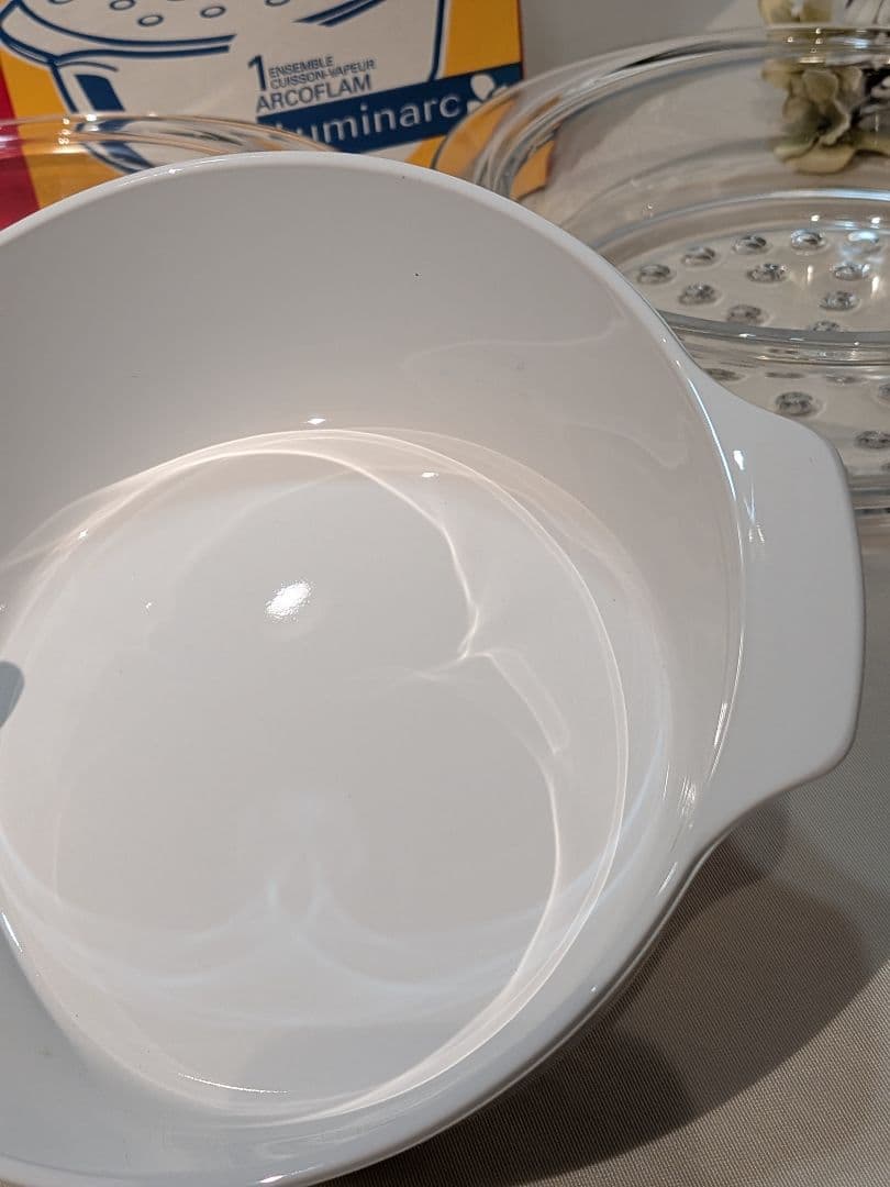 リュミナルク　蒸し器　ガラス　未使用　綺麗　鍋　ホワイト　せいろ　説明書付き