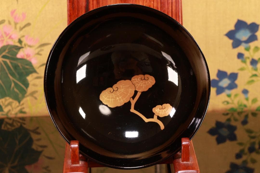 時代輪島塗　目出た図金蒔絵　吸物椀　五客　木製　霊芝　草花 BJ047