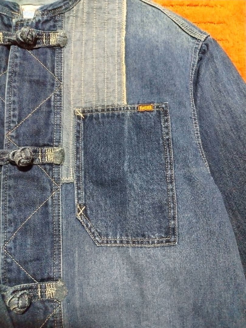 サクです。チャイナボタン デニムコート パッチワーク ビンテージ