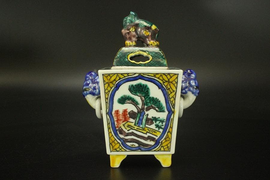 九谷焼 香炉 双耳 獅子蓋 木箱付(メ1491)