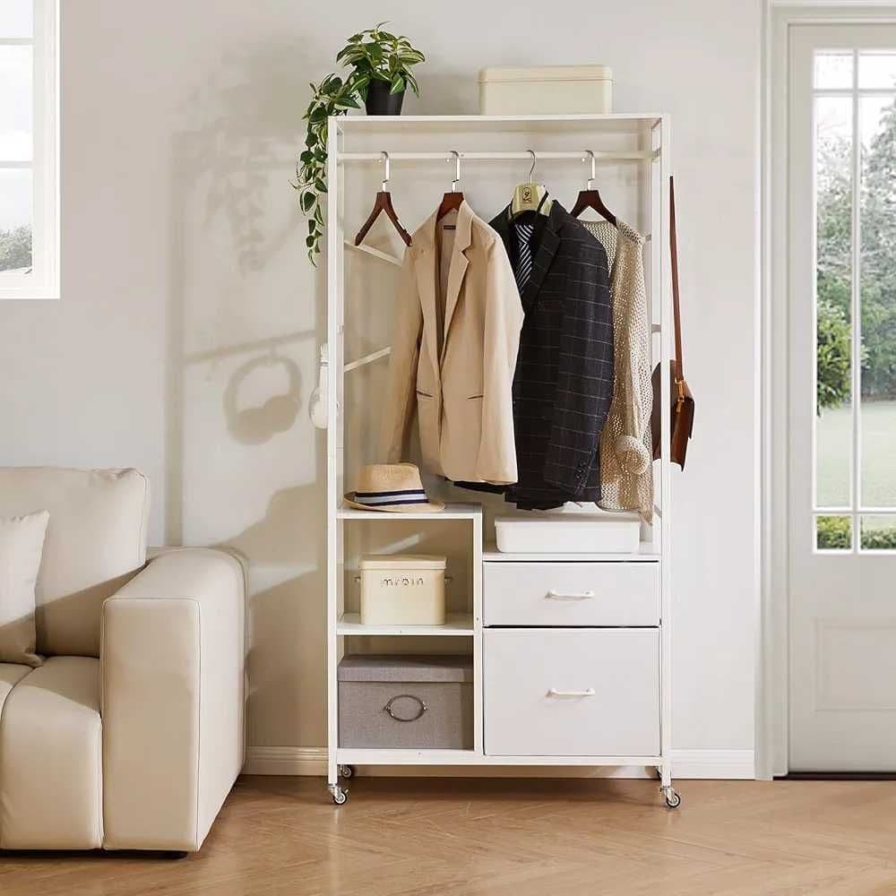 【Aibiju/ハンガーラック クローゼット ワードローブ 引き出し 棚付き】