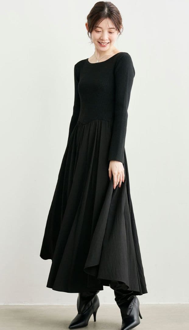ココディール　ペタルヘムスカートドッキングニットワンピース