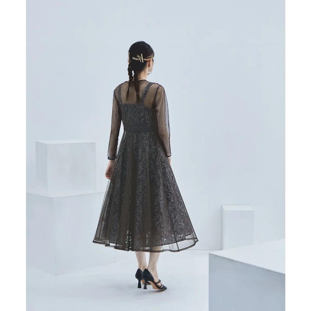 【美品】etoll. 幾何学チュールジャガードレースワンピース チャコール S