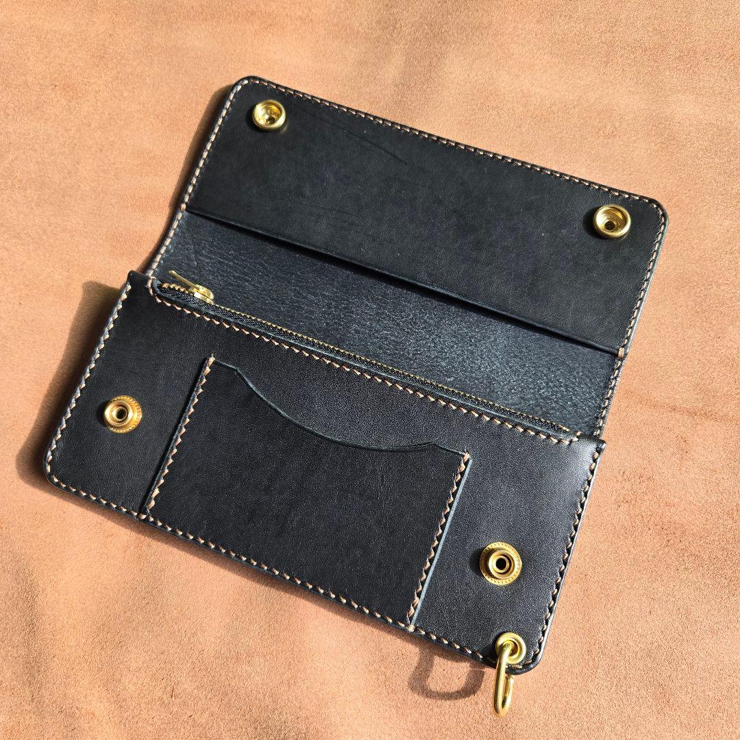 146ロング　トラッカーウォレット 国産ヌメ革【ブラック】