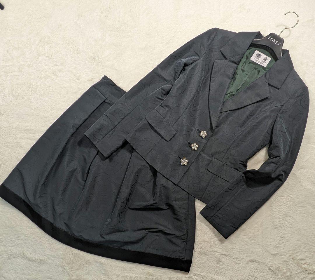 美品 オースチンリード 総バラ模様 パールボタン セットアップ ブラック 36