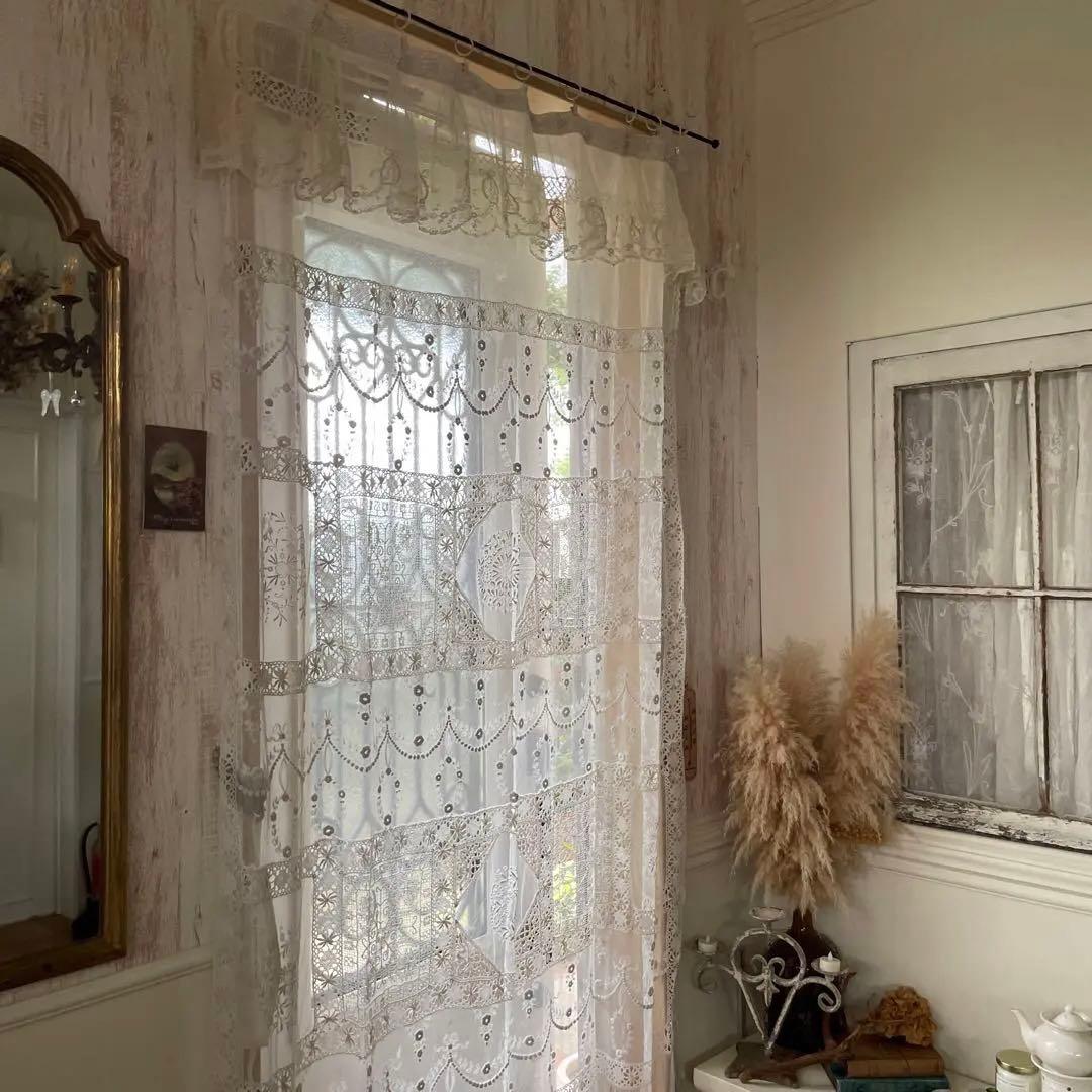 フランスアンティーク　リボンモチーフ　チュール　レース　紐付き　カーテン　間仕切