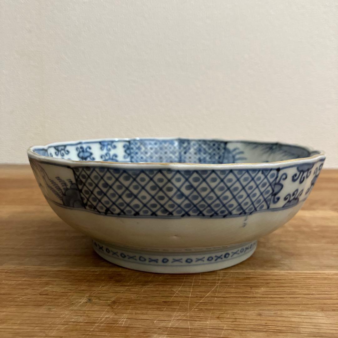 古伊万里 江戸中期色絵金彩染付 なます皿 花リム鉢 古道具 アンティーク 骨董