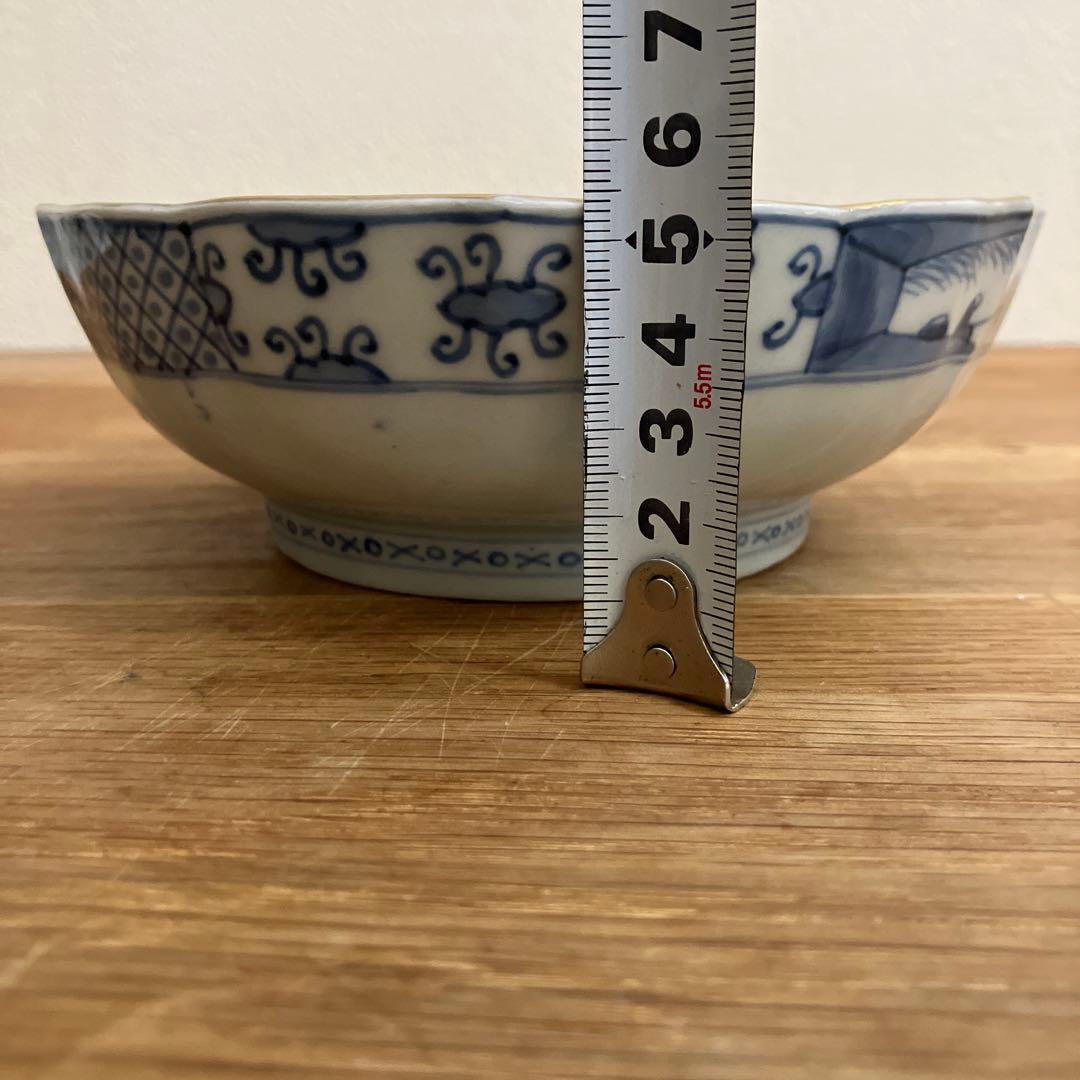 古伊万里 江戸中期色絵金彩染付 なます皿 花リム鉢 古道具 アンティーク 骨董