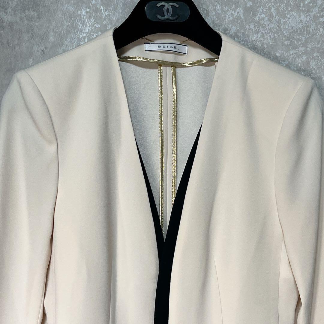 【美品】ベイジ セットアップノーカラー ジャケット CINDY シンディヌード