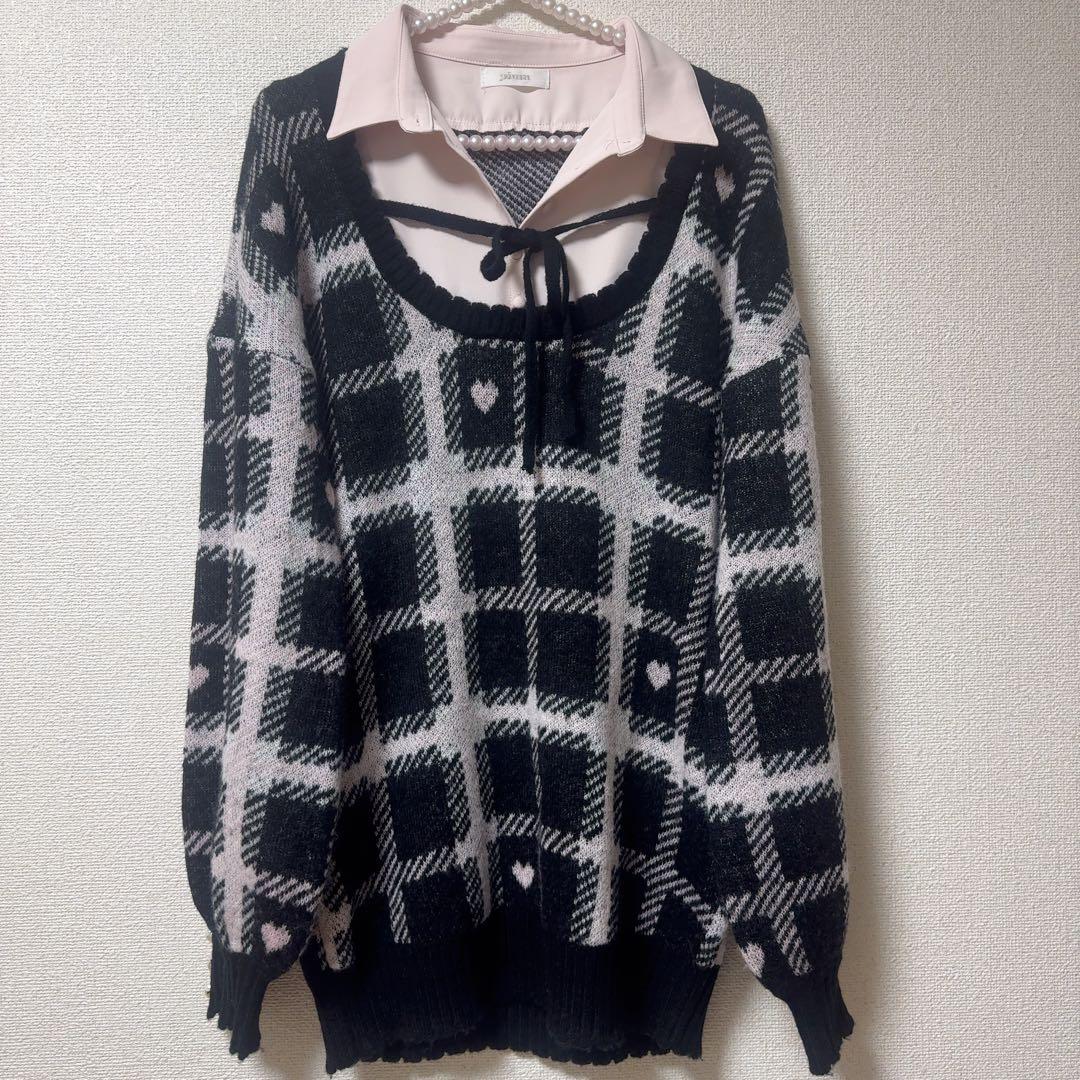 pium ハートチェックレイヤードニットワンピース　ブラック　ぴうむ