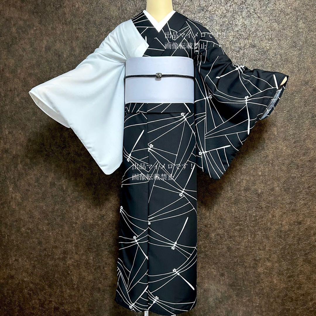 浴衣　夏　単着物　白×黒　吸湿速乾　半身仕立て　片身替わり　帯　0718⑨