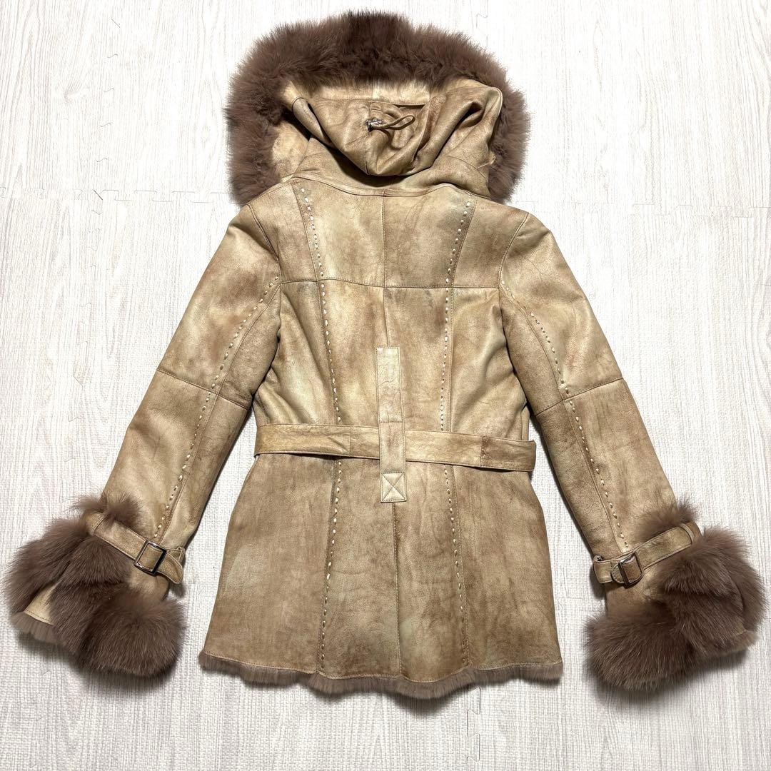 ラビット×フォックス リアルファー毛皮コート 40 ベージュ系 フード ベルト付
