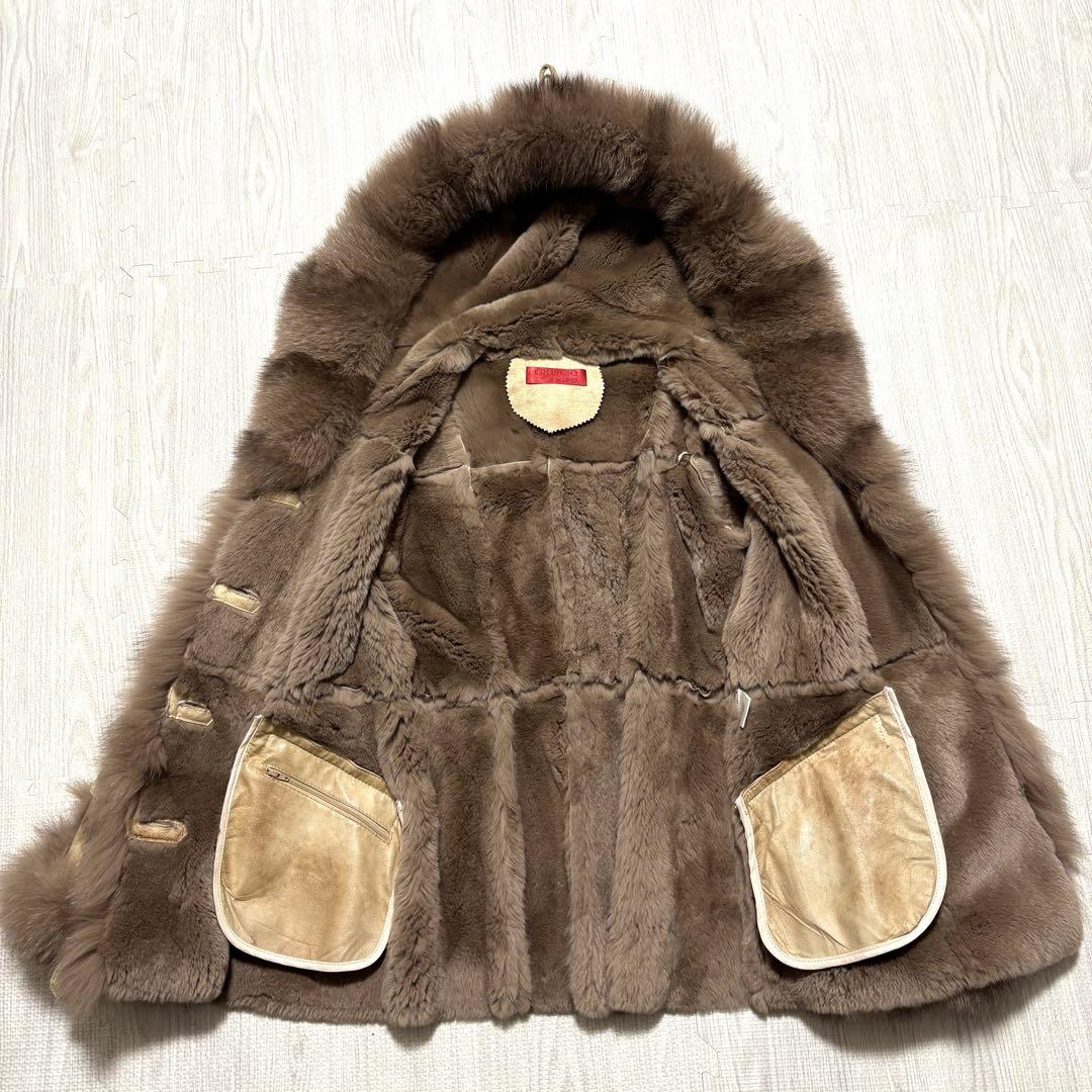 ラビット×フォックス リアルファー毛皮コート 40 ベージュ系 フード ベルト付