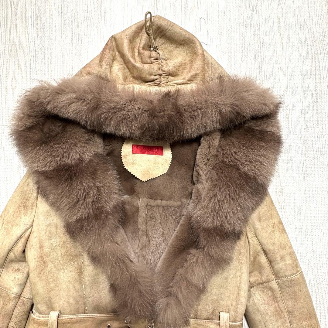 ラビット×フォックス リアルファー毛皮コート 40 ベージュ系 フード ベルト付