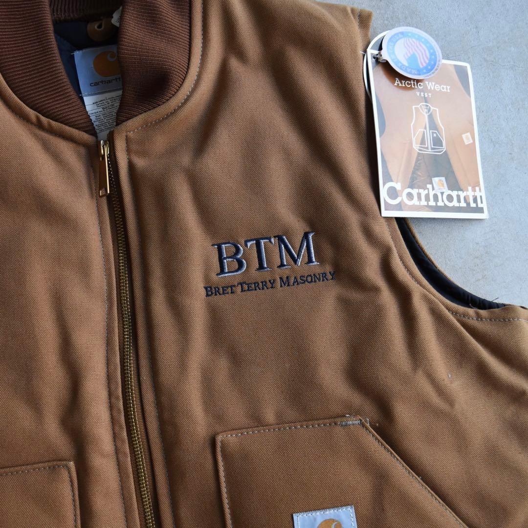 90s カーハート 企業刺繍 ダック ベスト 腰ゴム USA ベージュ L