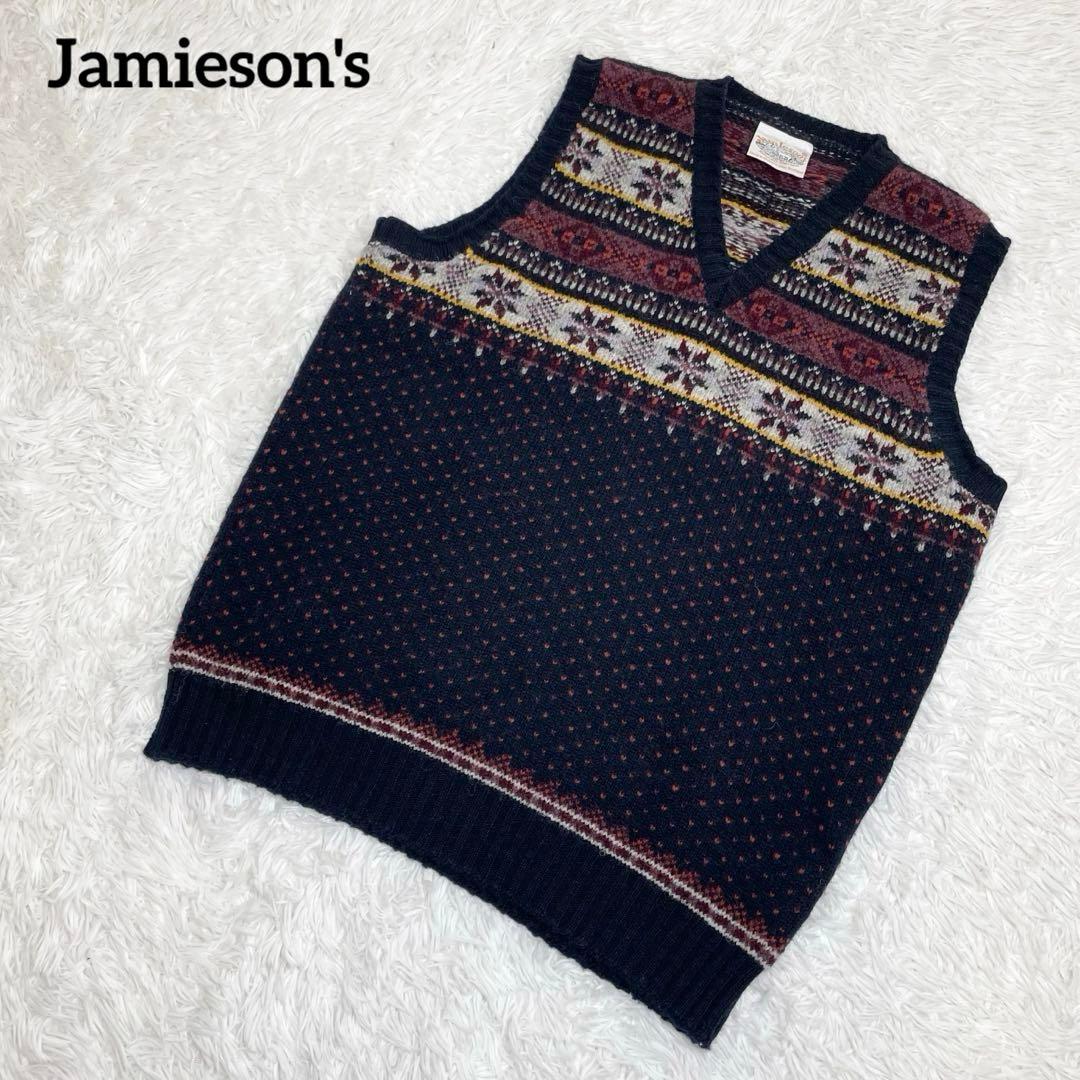 【美品】ジャミーソンズ　ニットベスト・フェアアイル柄・Vネック・ XL
