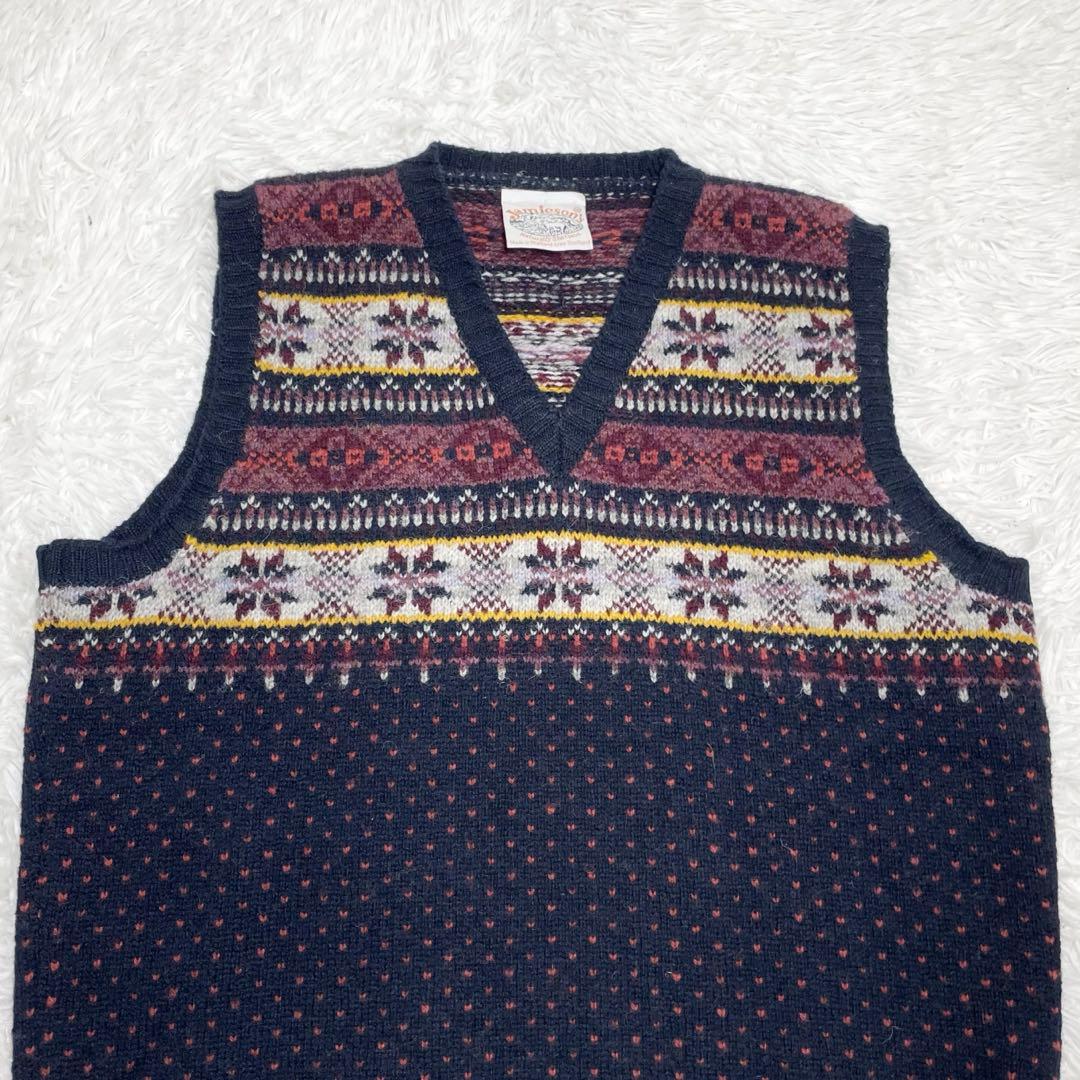 【美品】ジャミーソンズ　ニットベスト・フェアアイル柄・Vネック・ XL