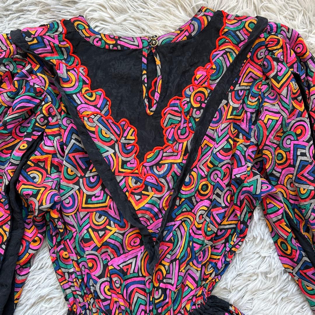 【美品】Diane Freis バルーンスリーブ総柄ワンピース レッド系 シルク