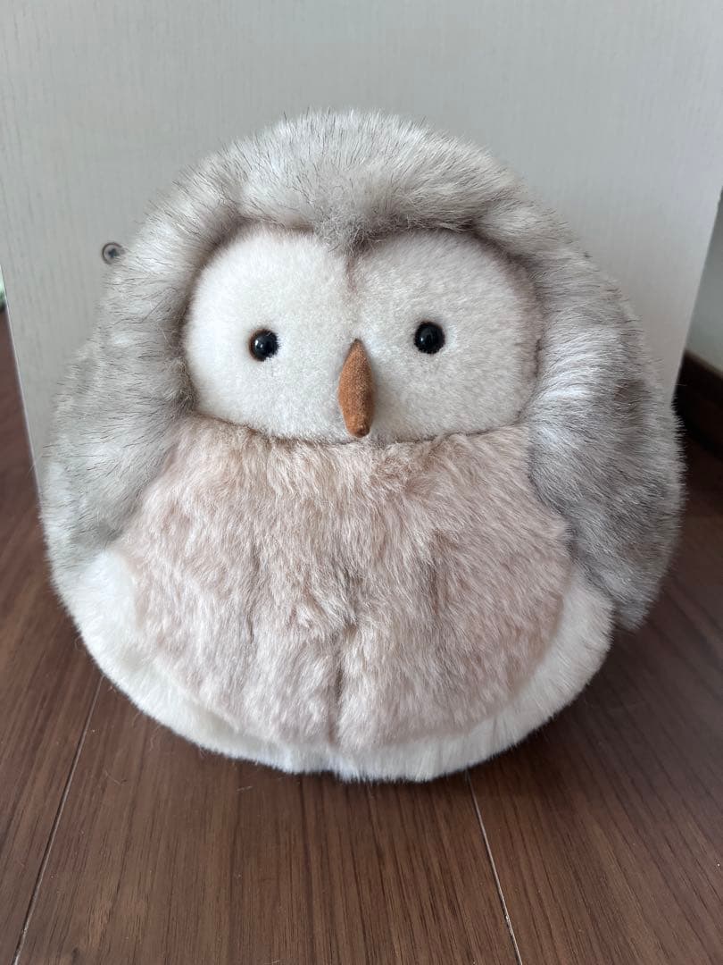 モンスイユ　ルイーズ フクロウぬいぐるみ＆竹籠　ふわふわ　ボア　グレー