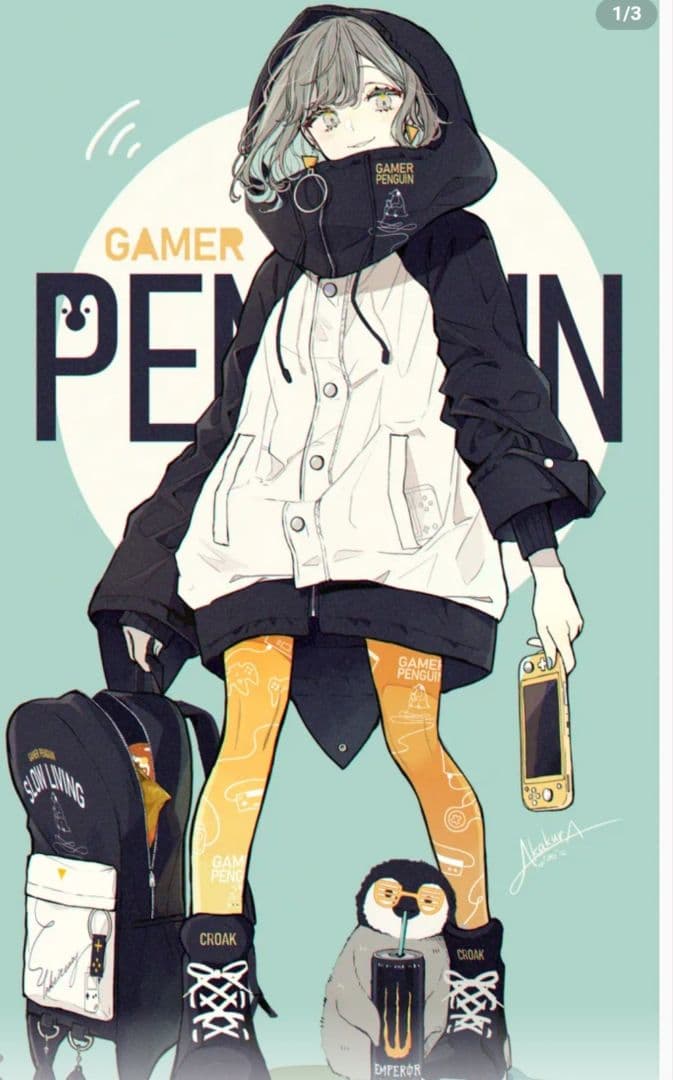 ゲーマーペンギン パーカーハイネック 赤倉さん レディース M〜LL 白黒