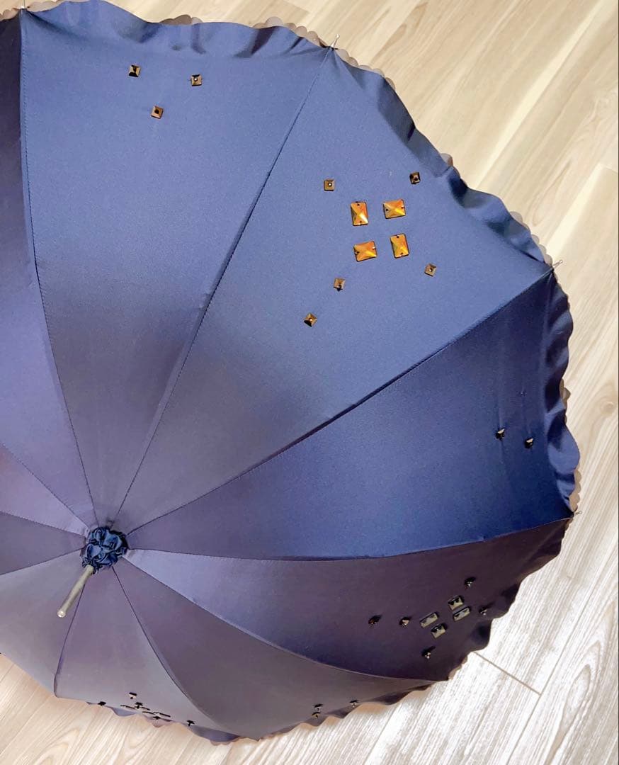 ダークブルー 装飾付き 長傘 晴雨兼用