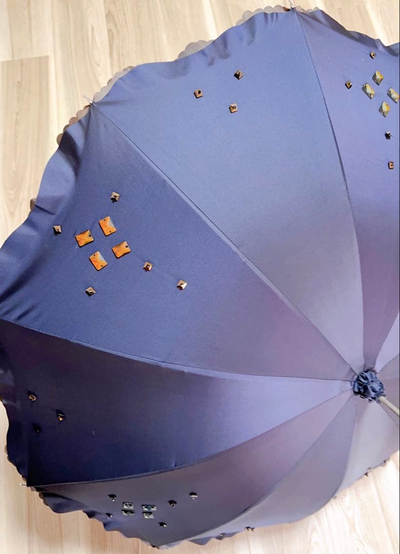 ダークブルー 装飾付き 長傘 晴雨兼用