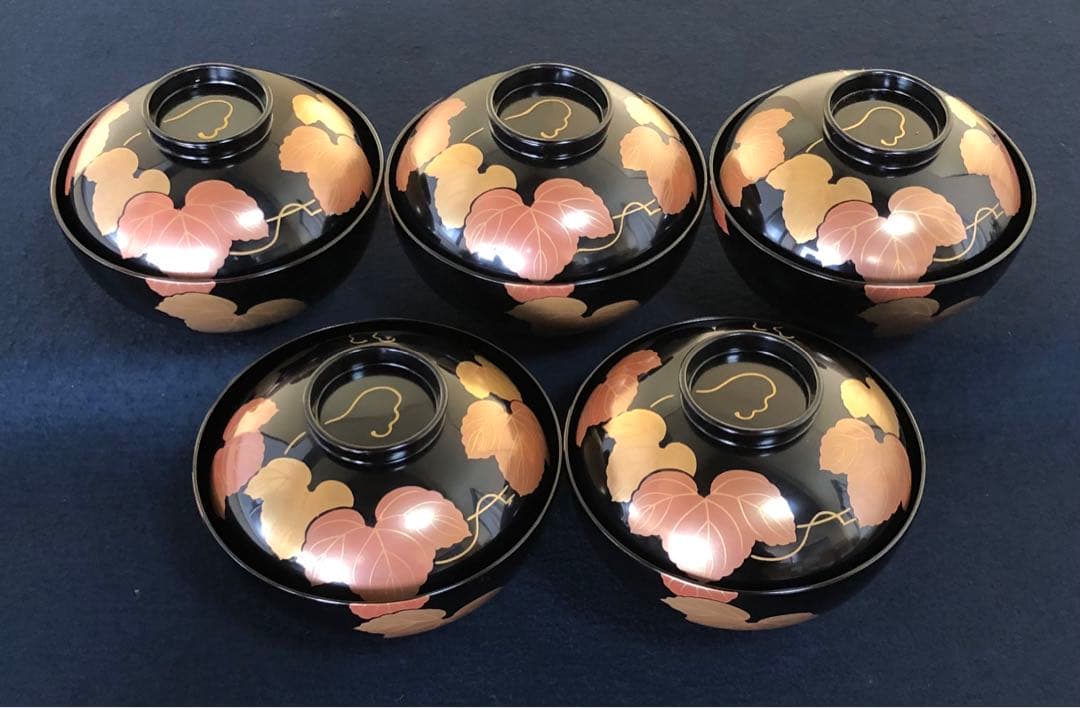 《レ》輪島塗 黒塗 蔦蒔絵 吸物椀5客 木製漆器 木箱　251119え4