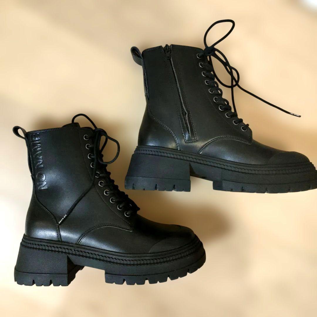 NO NAME レースアップ ブーツ サイドジップ 黒 40 ロゴ 厚底