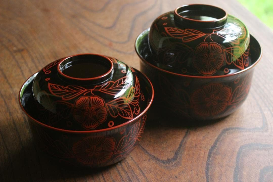 時代逸品！端正な爪朱黒漆に風情ある木芙蓉文の美しい吉野塗の四つ椀（検懐石道具京塗