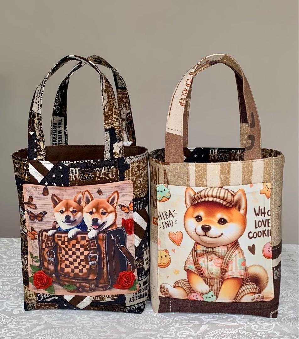 豆柴助　ティーカップに入った可愛い仔犬と紫陽花　トートバッグ　小物入れ