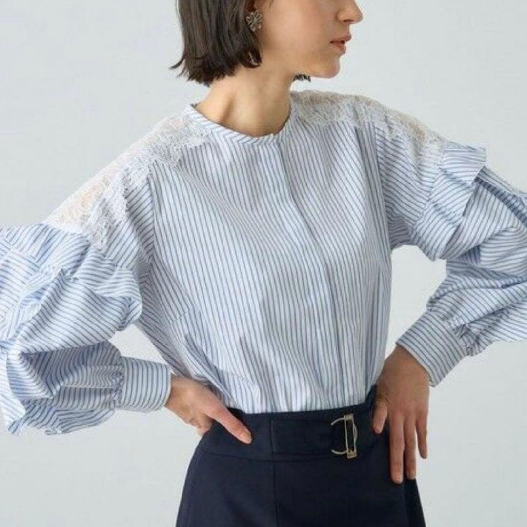 ANAYI アナイ コットン袖レースフリルブラウス ブルー 青 ホワイト 白