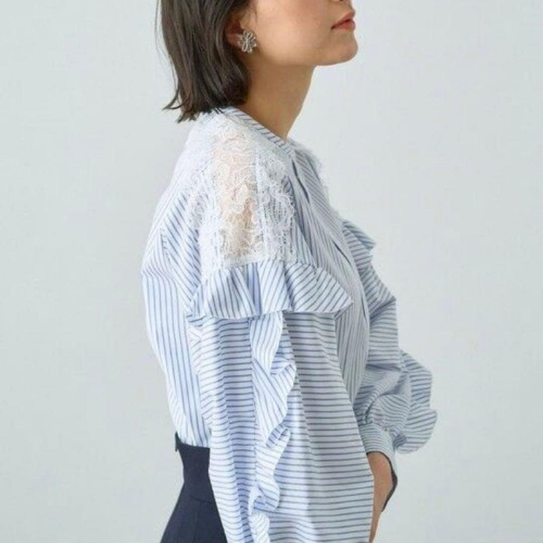 ANAYI アナイ コットン袖レースフリルブラウス ブルー 青 ホワイト 白