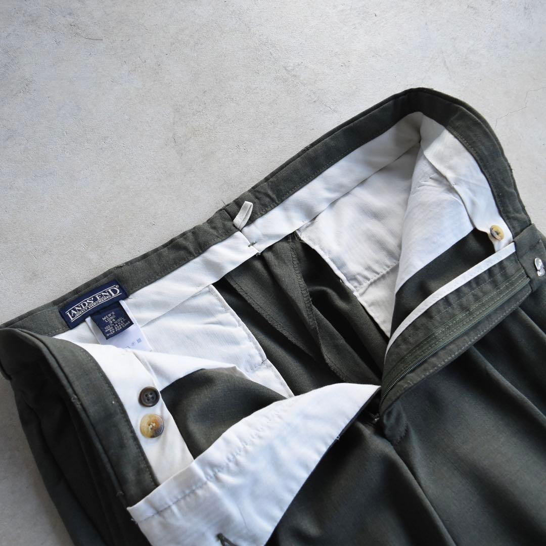 90s ランズエンド ウール ツータックスラックス グレーカーキ W34L30