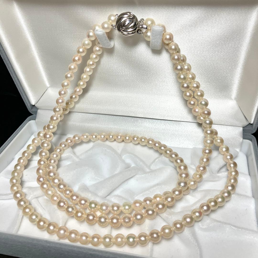 テリ強 2連✨ あこや真珠 ネックレス 6-6.5mm 63g 計103㎝ SV