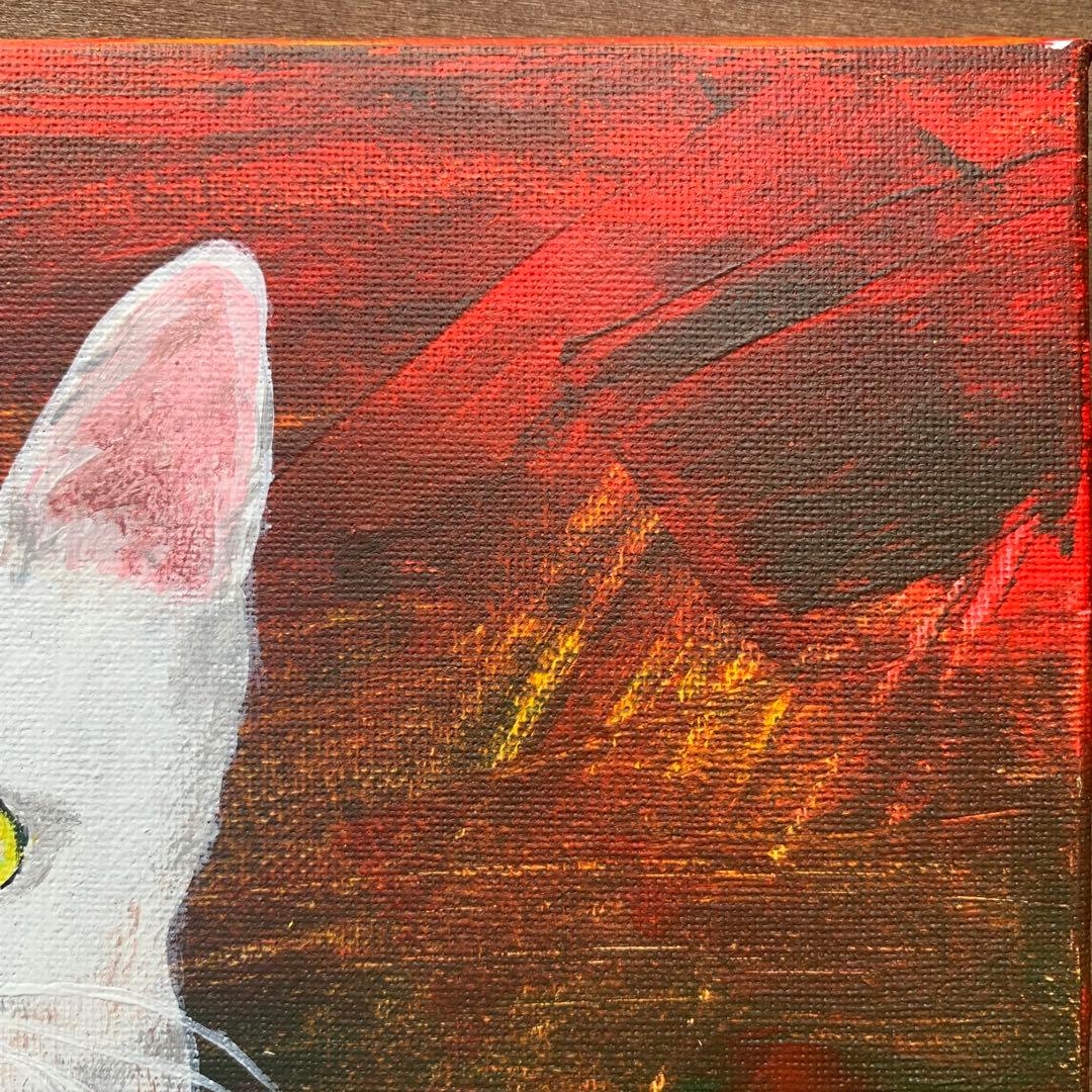 【アクリル画】幸せを運ぶ猫【絵画】白猫、オッドアイ