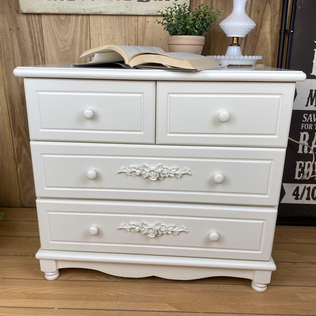 フレンチカントリー北欧調ホワイトチェスト三段四つ引き木製洋タンス収納姫系姫かわ