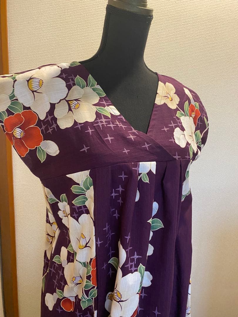 浴衣リメイク　紅白椿　ワンピース＋ガウチョパンツ