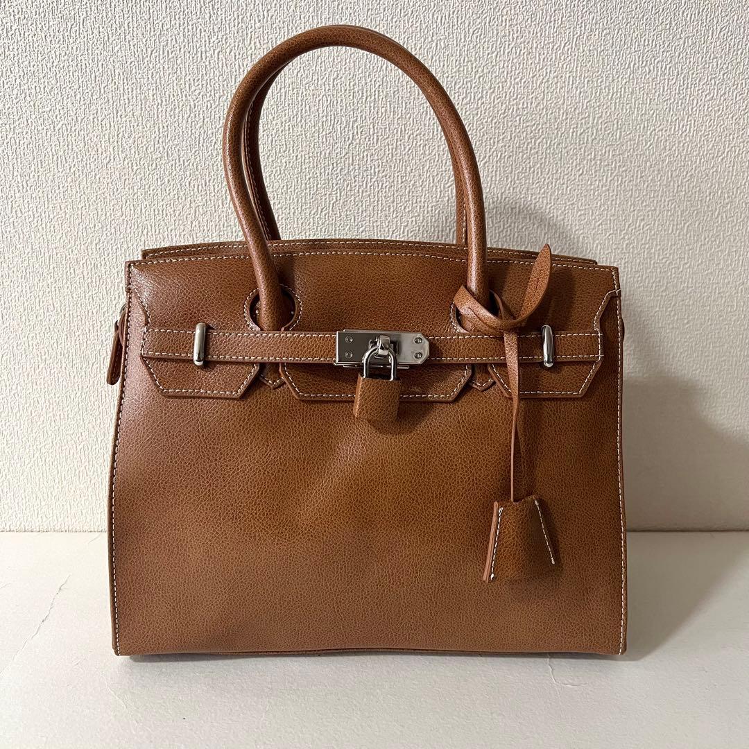 濱野 ハマノ ミーティア ブラウン ハンドバッグ ブラウン レザー 金具