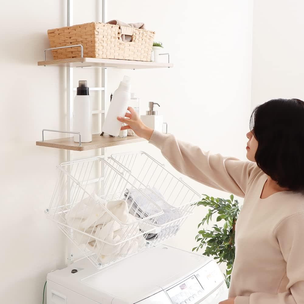 ランドリーラック 洗濯機ラック 幅60 スリム 収納棚 突っ張り カゴ付き