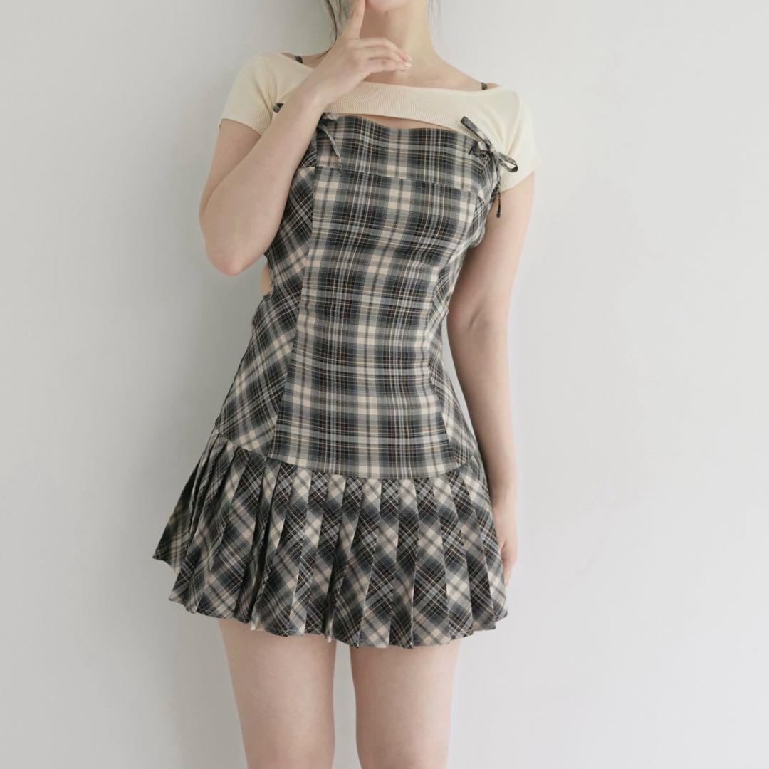 ワンピース andmary Karen check mini dress beige s
