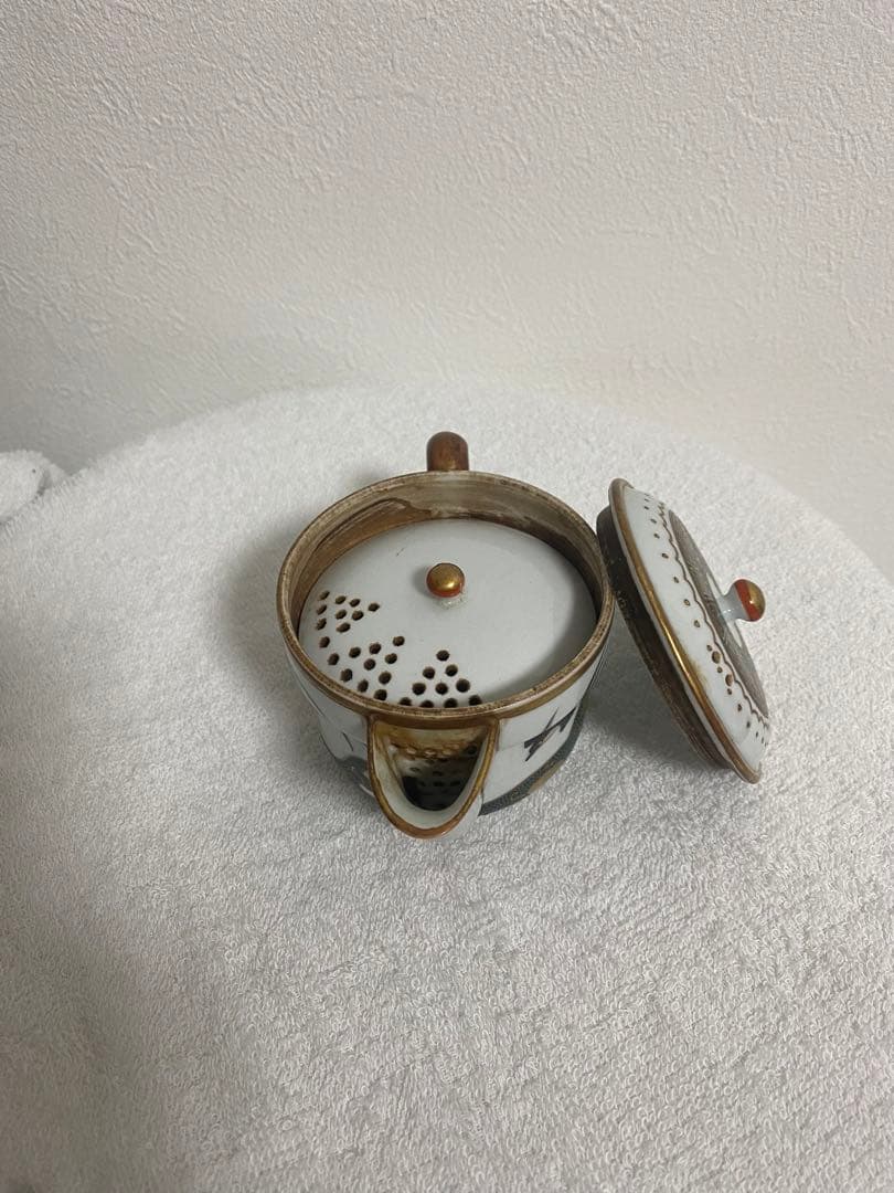 九谷焼 盛山作 錦襴手 急須 青粒金彩 骨董 古九谷