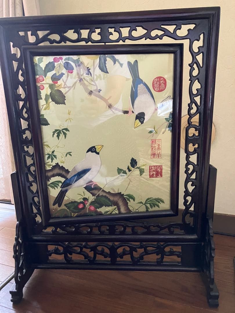 l*i様 三希堂精鑑璽印　乾隆帝 花鳥画 両面　刺繍 中国画 絵画　装飾額