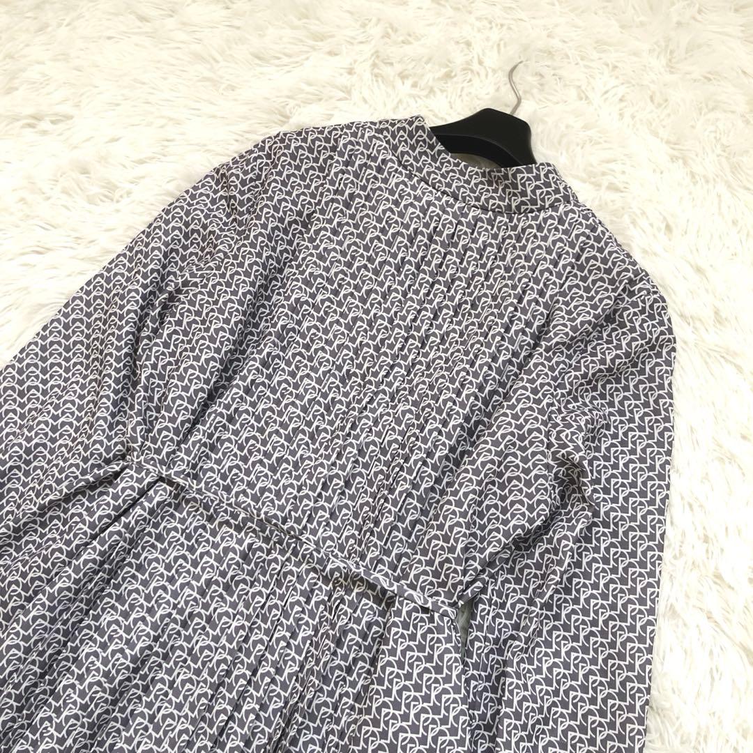 上品✨セルフォード ボウタイプリーツワンピース ウエストリボン マキシ丈 幾何学