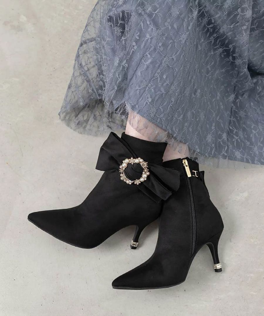 RANDA リボン付きビジューショートブーツ