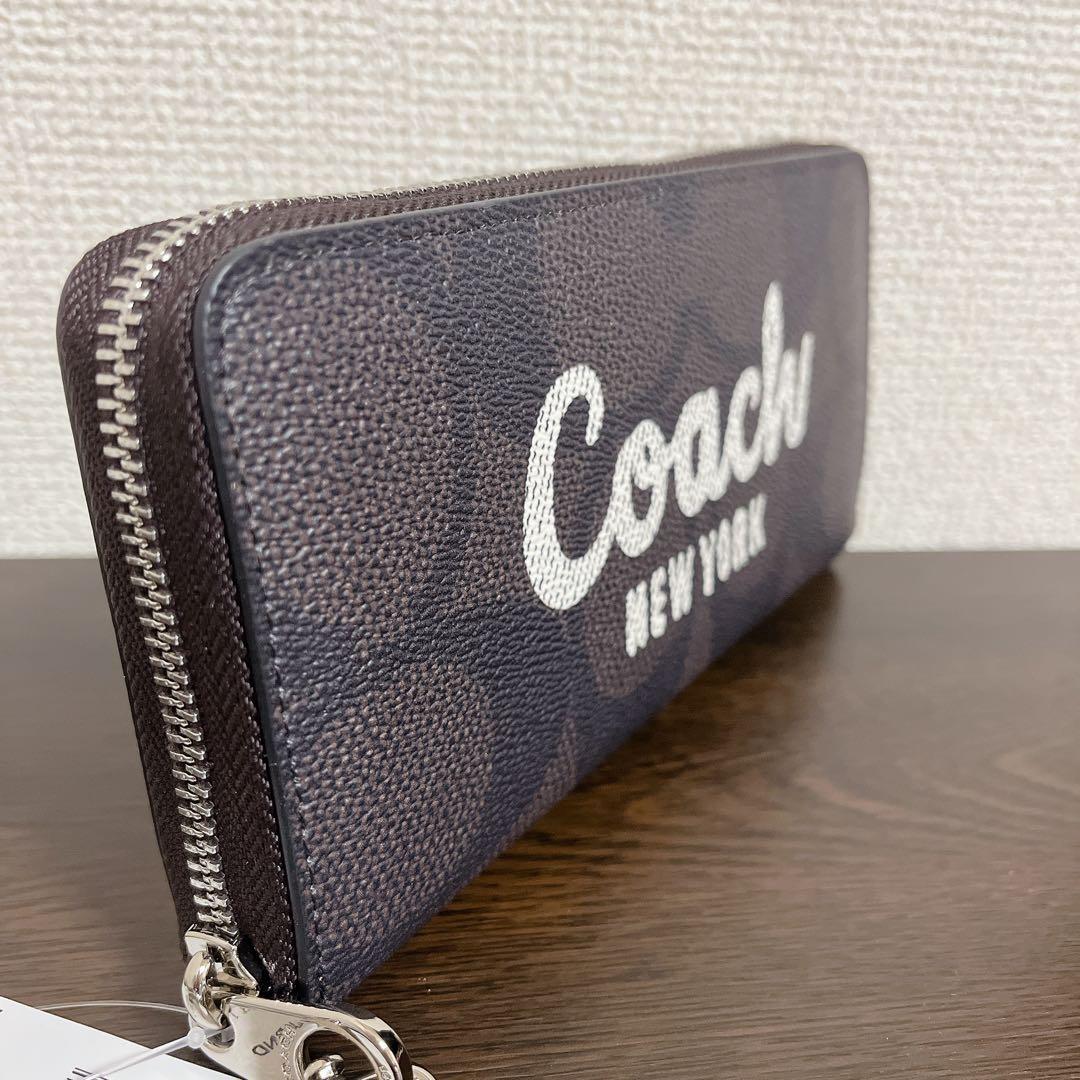 COACH 長財布　ブラウン　ストラップ付き　シグネチャー　ホワイト