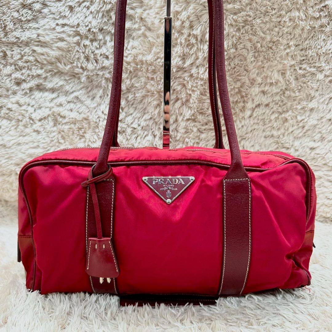 【希少】PRADA ミニボストン ナイロン レザー 三角ロゴ 南京錠 白タグ 赤