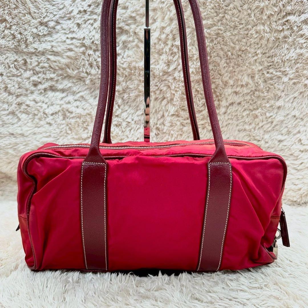 【希少】PRADA ミニボストン ナイロン レザー 三角ロゴ 南京錠 白タグ 赤