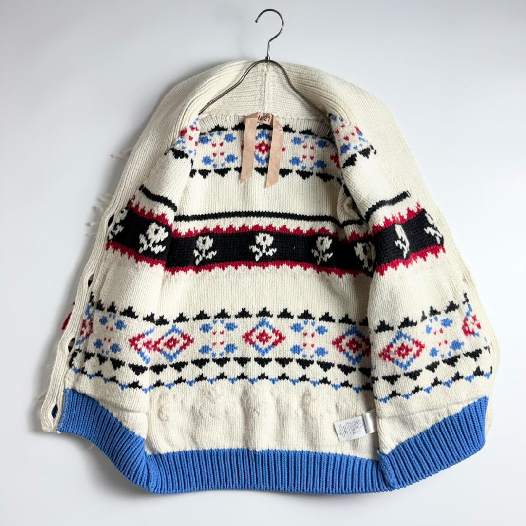 美品　N°21　モヘヤ混　フェアアイル　ビジュー　ショールカラー　カーディガン